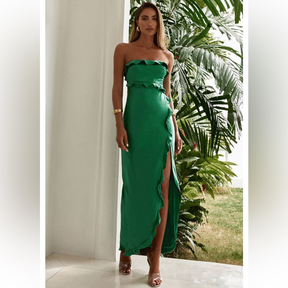 Green ruffle satin maxi dress